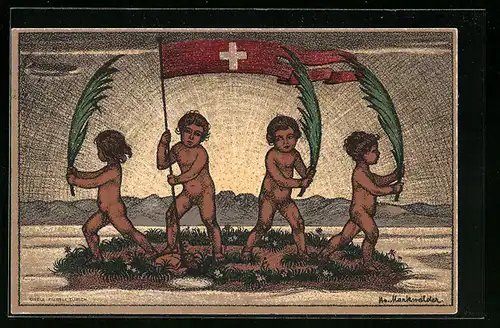 AK Schweizer Bundesfeier 1916, Nackte Jungen mit Schweizer Flagge und Palmwedel, Ganzsache
