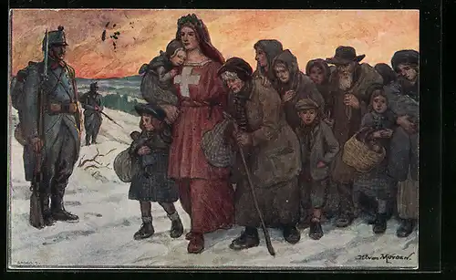 AK Schweizer Bundesfeier 1915, Flüchtlinge schmiegen sich an Helvetia, Ganzsache