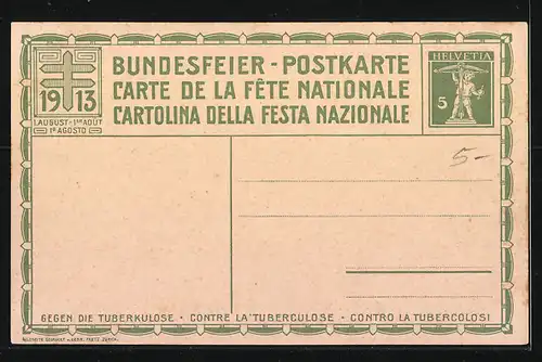 AK Schweizer Bundesfeier 1913, Menschen in Tracht, Das Rütli, Ganzsache
