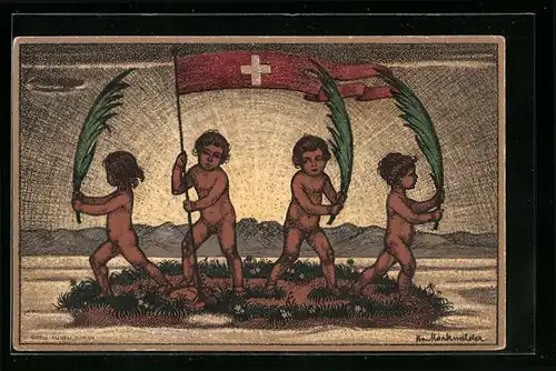 AK Schweizer Bundesfeier 1916, Jungen mit Schweizer Flagge und Palmzweig, Ganzsache