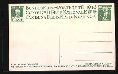 AK Schweizer Bundesfeier 1916, Jungen mit Schweizer Flagge und Palmzweig, Ganzsache