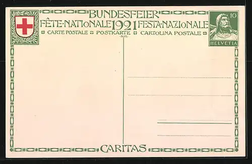 AK Schweizer Bundesfeier 1921, Krankenschwester versorgt einen Jungen, Ganzsache