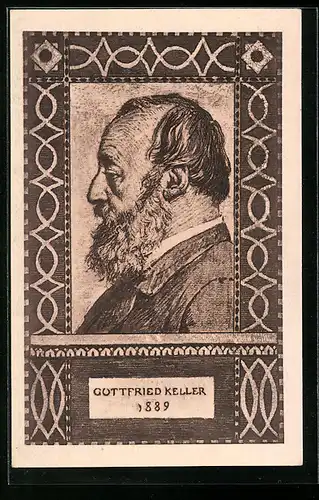 AK Schweizer Bundesfeier 1919, Gottfried Keller im Porträt, Ganzsache