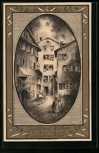 AK Schweizer Bundesfeier 1919, Geburtshaus von Gottfried Keller zum Goldenen Winkel, Ganzsache