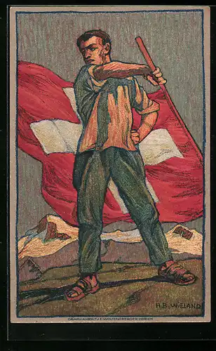 AK Schweizer Bundesfeier 1912, Mann mit Schweizer Flagge, Ganzsache