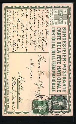 AK Schweizer Bundesfeier 1912, Mann mit Schweizer Flagge, Ganzsache