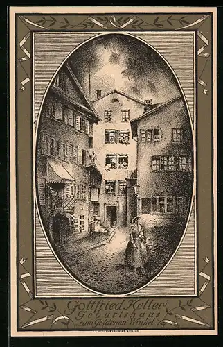 AK Schweizer Bundesfeier 1919, Geburtshaus von Gottfried Keller zum Goldenen Winkel, Ganzsache