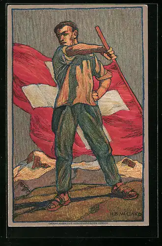 AK Schweizer Bundesfeier 1912, Mann mit Schweizer Flagge, Ganzsache