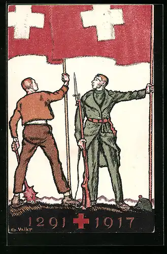 AK Schweizer Bundesfeier 1917, Kämpfer und Soldat mit Schweizer Flagge, Ganzsache