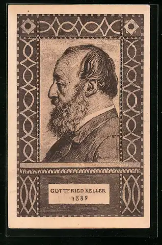 AK Schweizer Bundesfeier 1919, Gottfried Keller im Porträt, Ganzsache