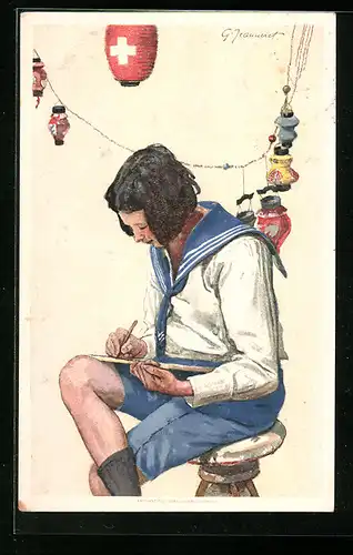AK Schweizer Bundesfeier 1925, Junge im Matrosenanzug schreibt einen Brief, Ganzsache