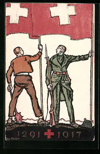 AK Schweizer Bundesfeier 1917, Kämpfer und Soldat mit Schweizer Flagge, Ganzsache