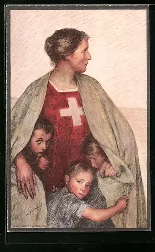 AK Schweizer Bundesfeier 1917, Helvetia beschützt ihre Kinder, Ganzsache