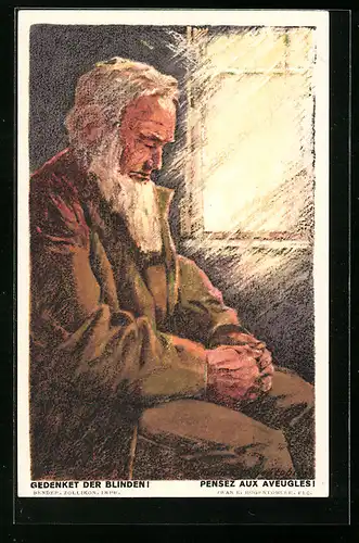 AK Schweizer Bundesfeier 1923, Blinder Mann sitzt am Fenster, Ganzsache