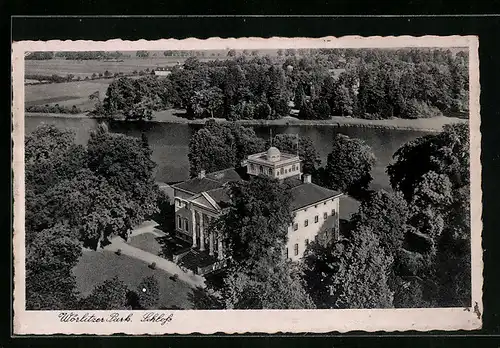 AK Wörlitz, Schloss und Park aus der Vogelschau