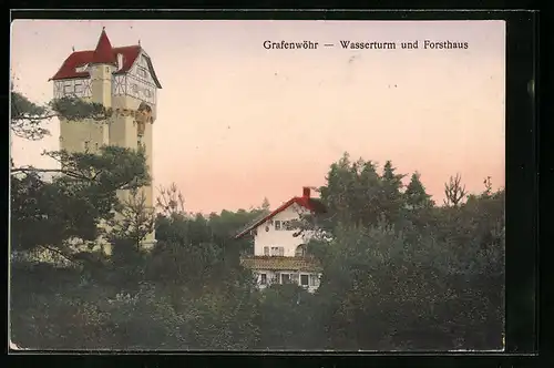 AK Grafenwöhr, Wasserturm und Forsthaus