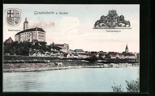 AK Gundelsheim a. Neckar, Flusspartie, Schloss Hornegg, Stadtwappen und Schlosswappen