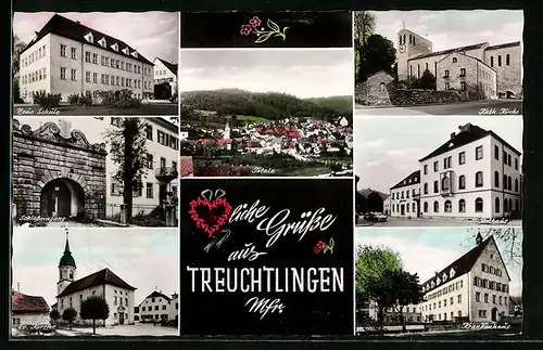 AK Treuchtlingen, Neue Schule, Schlosseingang, Kath. Kirche, Rathaus und Krankenhaus