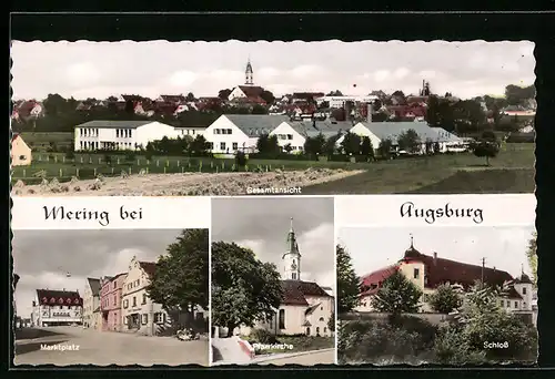AK Mering, Ortsansicht, Marktplatz, Pfarrkirche und Schloss