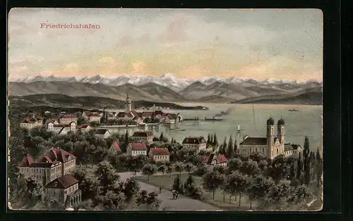 AK Friedrichshafen, Ortsansicht mit Bodensee