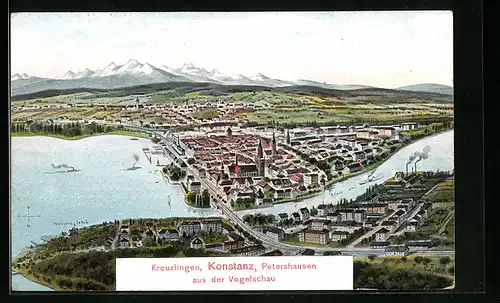 AK Konstanz, Ortsansicht mit Kreuzlingen und Petershausen aus der Vogelschau