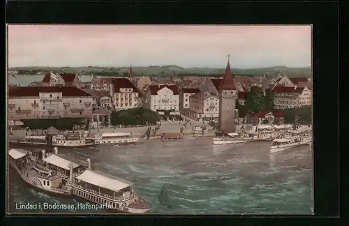 AK Lindau / Bodensee, Hafenpartie mit Dampfer