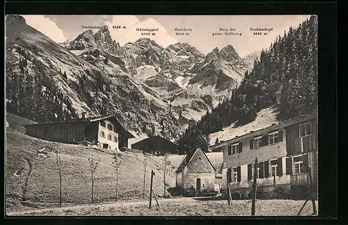 AK Oberstdorf, Einödsbach mit Blick auf Mädelegabel, Hochfrott und Trettachspitze