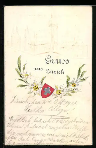 AK Zürich, Schweizerisches Landesmuseum (Relief), Wappen und Edelweiss