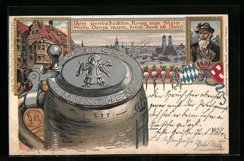 Lithographie München, Porträt Prinzregent Luitpold, Bierkrug mit Münchener Kindl, Wappen