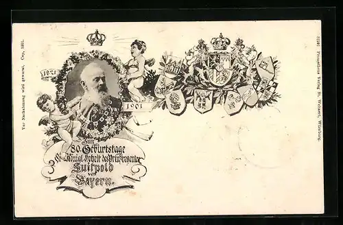 AK Prinzregent Luitpold im Porträt, Ehrung zum 80. Geburtstag 1901, Wappen und Engel