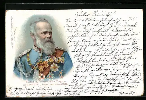 Lithographie Prinzregent Luitpold von Bayern in Uniform