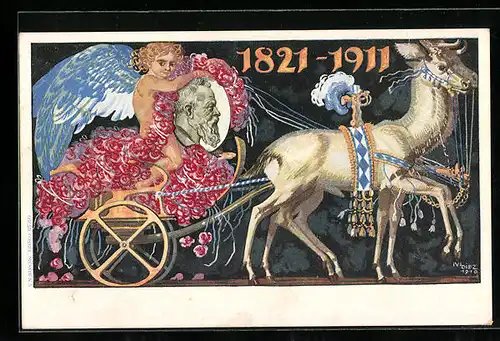 AK Engel fährt mit einem Gespann und hält das Porträt des Prinzregenten Luitpold von Bayern 1821 - 1911, Ganzsache