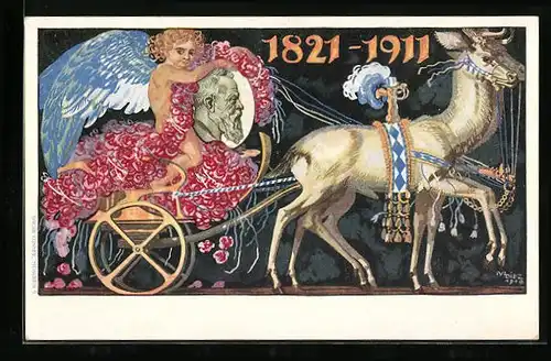 AK Engel fährt mit einem Gespann und hält das Porträt des Prinzregenten Luitpold von Bayern, 1821 - 1911, Ganzsache