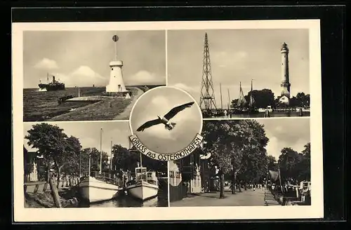 AK Osternothafen, Leuchtturm, Mole, Hafen und Strassenpartie