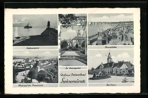 AK Swinemünde, Hafeneinfahrt, Blick auf die Promenade, Rosengarten, Strandleben und Kurhaus