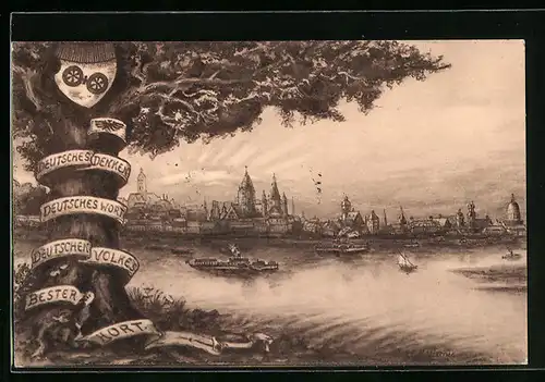 Künstler-AK Mainz, Allgemeiner Deutscher Sprach-Verein, Teilansicht mit Baum und Dampfern