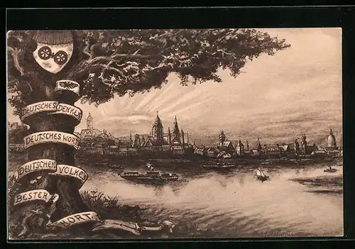 Künstler-AK Mainz, Allgemeiner Deutscher Sprach-Verein, Teilansicht mit Baum und Dampfern