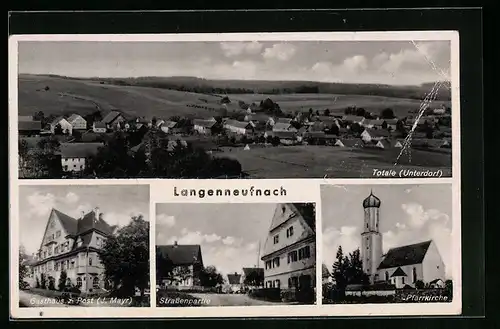 AK Langenneufnach, Gasthaus zur Post, Pfarrkirche, Strassenpartie