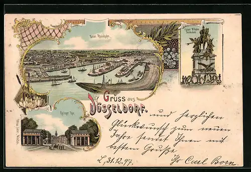 Lithographie Düsseldorf, Neuer Rheinhafen, Ratinger Tor, Kaiser Wilhelm-Denkmal