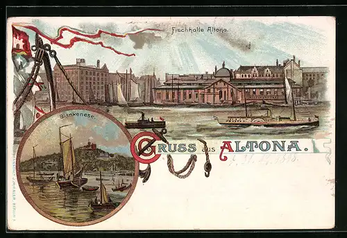 Lithographie Hamburg-Altona, Fischhalle, Blankenese mit Segelbooten