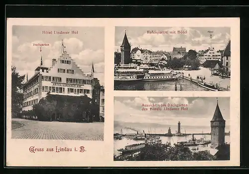 AK Lindau i. Bodensee, Hotel Lindauer Hof, Aussicht vom Dachgarten, Hafenpartie