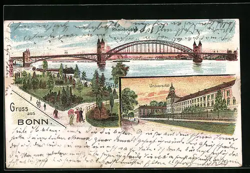 Lithographie Bonn, Universität, Rheinbrücke