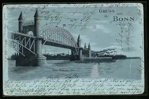 Mondschein-Lithographie Bonn, Neue Rheinbrücke mit Dampfer