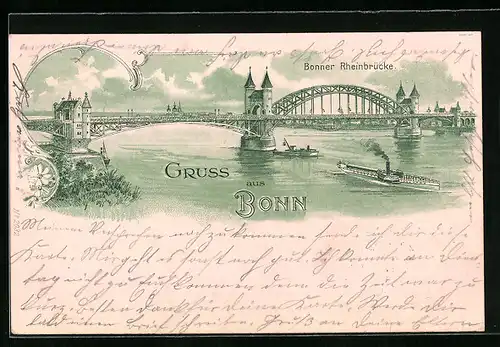 Lithographie Bonn, Bonner Rheinbrücke mit Dampfer