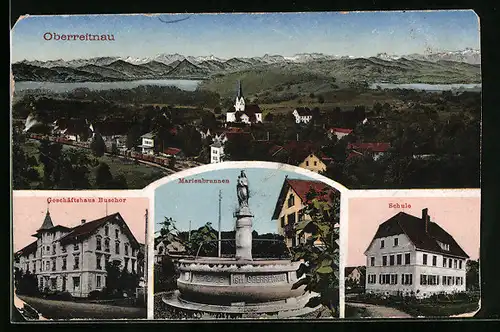 AK Oberreitnau, Geschäftshaus Buschor, Schule, Marienbrunnen