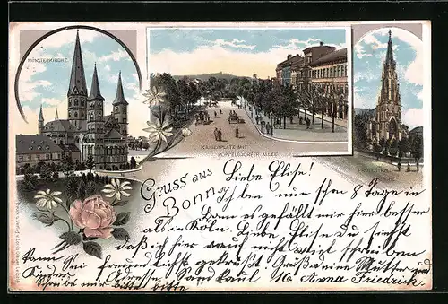 Lithographie Bonn, Münsterkirche, Protestantische Kirche, Kaiserplatz mit Poppelsdorfer Allee