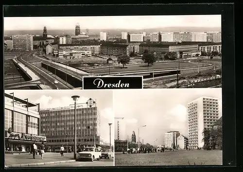 AK Dresden, Blick n. d. Stadt-Zentrum v. d. Budapester Strasse, HOG am Zwinger, An der Christianstrasse