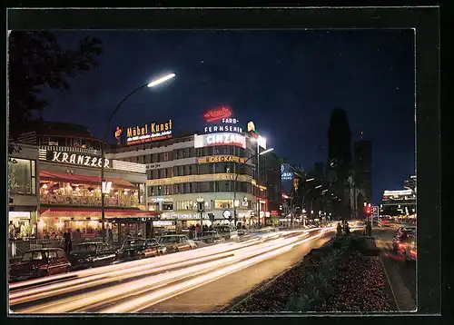 AK Berlin, Kurfürstendamm mit Cafe Kranzler und Kaiser-Wilhelm-Gedächtniskirche bei Nacht