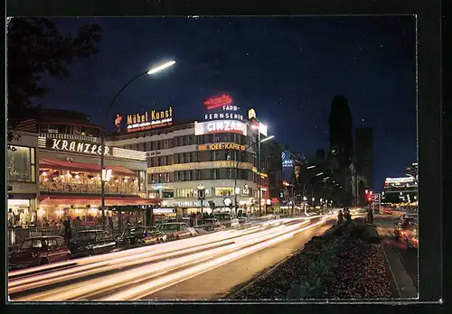 AK Berlin, Kurfürstendamm mit Cafe Kranzler und Kaiser-Wilhelm-Gedächtniskirche bei Nacht