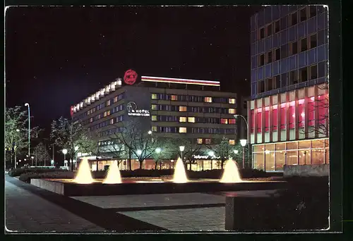 AK Berlin, Interhotel Unter den Linden bei Nacht